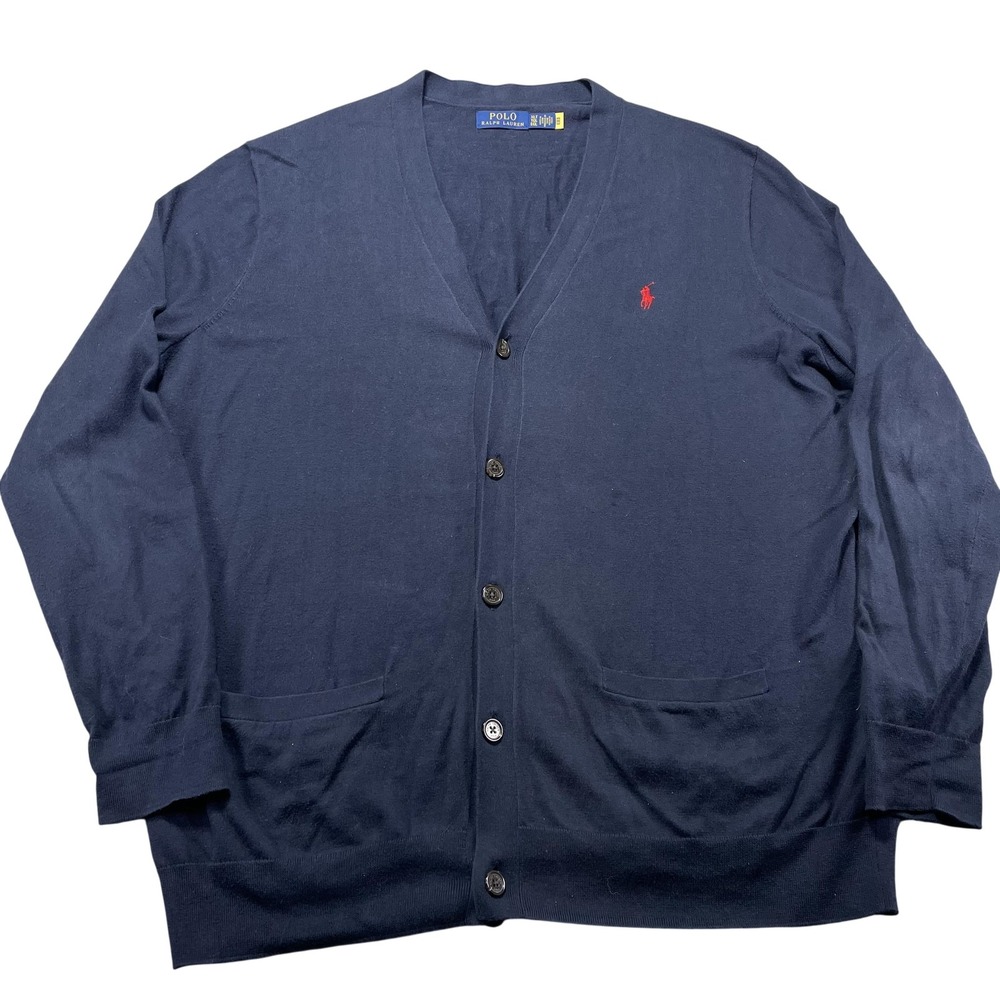 Polo Ralph Lauren Sweater Mens XLT Blue Cotton V Neck Button Cardigan Big Tall